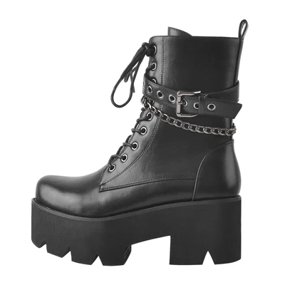 Women's Platform Block High Heel Ankle Boots Lace Up Goth Chain Combat Shoes US5 - Image 1 of 4