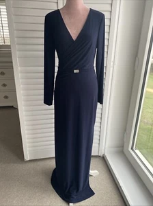 RALPH LAUREN NAVY LONG CLASSIC STRETCH PARTY DRESS GOWN - UK 14 LARGE - PRISTINE - Picture 1 of 15