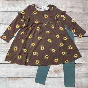 Girls Sunflower Dress And Leggings Size 4T. NWT! Long Sleeve Fit And Flare Dress - Picture 1 of 8