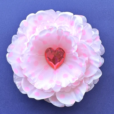 4.5" Light Pink & White Polka Dot Heart Peony Silk Flower Hair Clip - Image 1 of 2