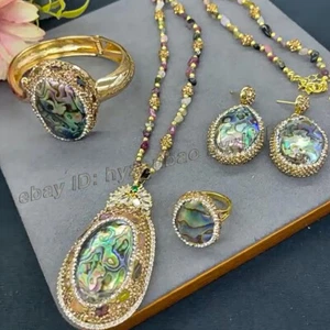 Pendientes con concha de abulón incrustación de cuentas de gema de turmalina pulsera anillo colgante collar - Imagen 1 de 11