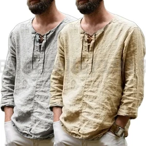 ⭐2025 UK Men's Medieval Style Shirts Lace Up 100%Cotton Tops Long Sleeve Blouses - Picture 1 of 17