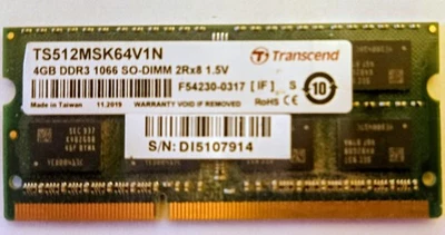 Transcend 4G DDR3-1066 Unbuffered SO-DIMM TS512MSK64V1N Memory - Image 1 of 2