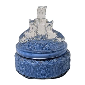 Vtg LE Smith 3 Scotties Dogs Clear Glass Puff Powder Jar W/ Blue Reverse Paint - Picture 1 of 5