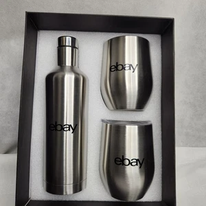 eBay Wine Set Bottle and 2 Lidded Tumblers Metal Glasses Logo Branded - Picture 1 of 9