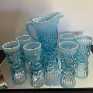 Mosser Eye Winker Krug und 6 Becher Aqua Blau Opalisierend #78 - Bild 1 von 12