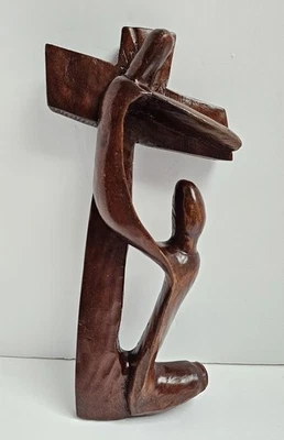 Escultura de madera abstracta tallada a mano cruz arrodillada figura arte religioso decoración Foto 1 de 4