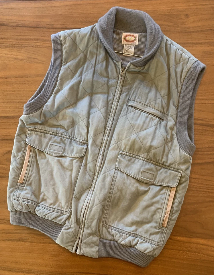 Vintage 80s Banana Republic Safari Vest Mens M Quilted Leather Trim Gray Faded - Image 1 of 4
