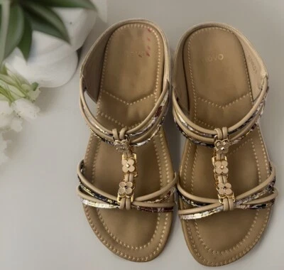 Novo Tan Bejewelled Flowers & Stones Elparlo Sandals Slip Ins-Size 8 - image 1 of 4