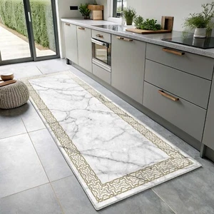 Gold With White Runner Rug, Marble Pattern, Gold Striped Bordered, Modern Boho - Picture 1 of 4