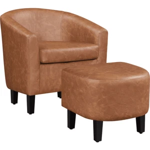 Barrel Accent Chair with Ottoman, Brown Faux Leather - Picture 1 of 8
