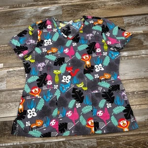 Women's Scrub Star M top gray lion monkey sloth animals Nurse Medical - Picture 1 of 5