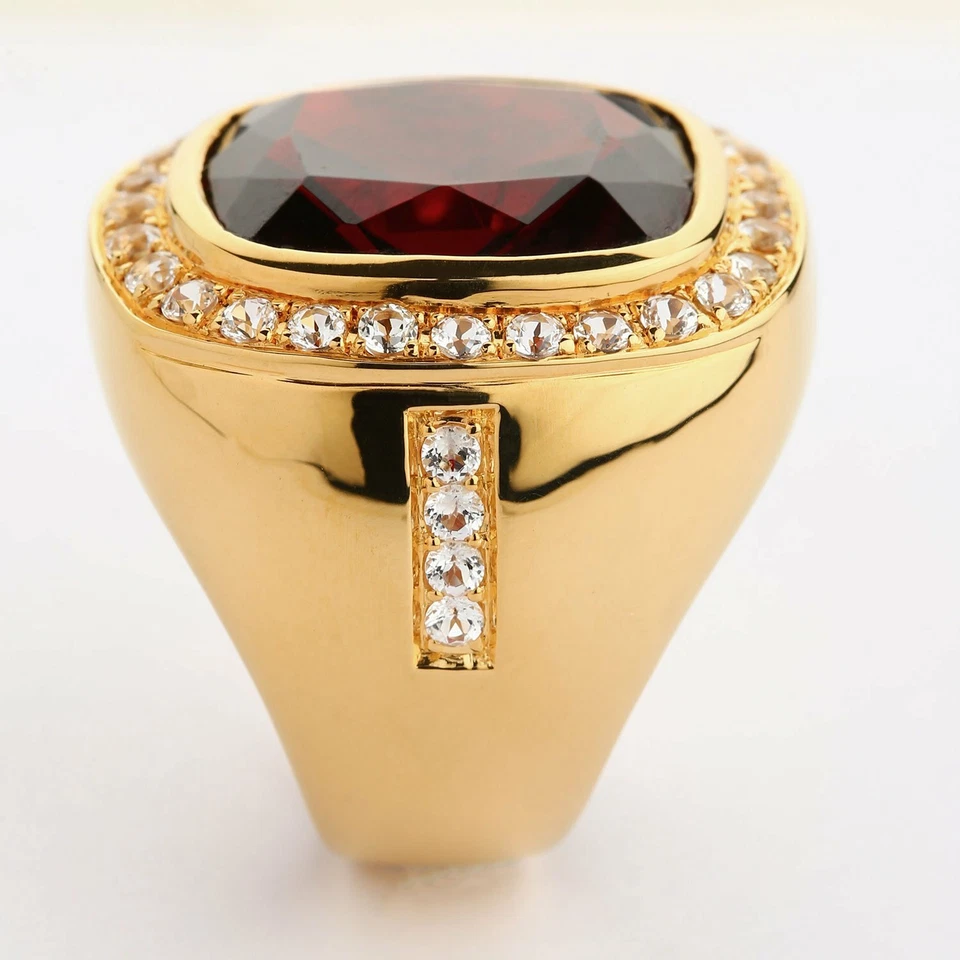 Enorme anel de granada vermelha natural masculino, anel masculino de ouro amarelo 14K novo - Imagem 1 de 4