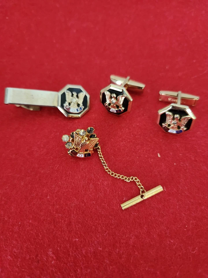 Vintage Harry Klitzner  FOE  Fraternal Order of Eagles gold tone Cuff Links/ Tie - Image 1 of 4