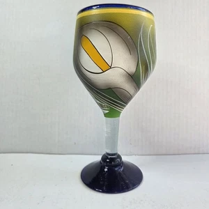 Kunstglas mundgeblasen kobaltblau Wasserkelch handbemalt mexikanisch "Friedenslilie" - Bild 1 von 14