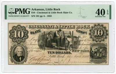1855 $10 The Cincinnati & Little Rock Slate Co - ARKANSAS Note PMG XF 40 EPQ - Image 1 of 2