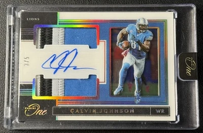CALVIN JOHNSON 2019 PANINI ONE #161 GOLD HOLO FOIL ENCASED PATCH AUTO 3/5 LIONS - Image 1 of 2