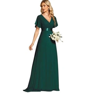 Vestido de noche Ever-Pretty de gasa verde azulado cuello en V manga acampanada para mujer talla M - Imagen 1 de 11