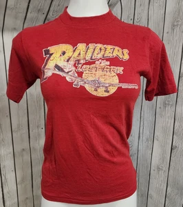 Vtg 1980s Raiders of the Lost Ark Red Movie Tee Sz S Spruce USA Distressed Print - Picture 1 of 7