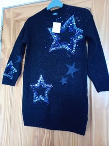 Girls Next Sweater Dress, Black Sparkly Knitted Body With Sequin Star Design - Picture 1 of 3