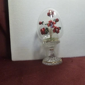 Franklin Mint Faberge Austria Crystal Egg on Pedestal-RED Enamel Bouquet 5.5" H - Picture 1 of 3