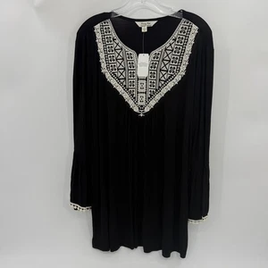 New KRAZY KAT Womens Long Sleeve Embroidered Tunic Size L Black Jersey Stretch - Picture 1 of 8
