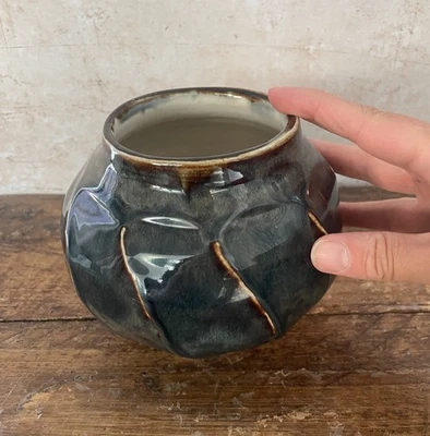 Studio Pottery Vase Faceted Form Blue Drip Glaze Handmade Signed Base 12.5cm VGC - Image 1 of 4