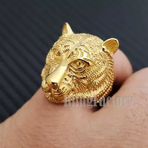 HERRENRING BLING 18K VERGOLDET EIS EDELSTAHL TIGERKOPF GRÖSSE 8-12 PINKY - Bild 1 von 4