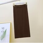 Women Knitted Midi Skirt Slit Skirt Elastic Waist Ribbed Half Dress Slim Office