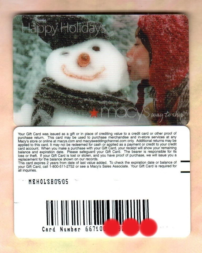 MACY'S Girl Kissing Winking Snowman ( 2005 ) Lenticular Gift Card ( $0 ) V1 - Image 1 of 1