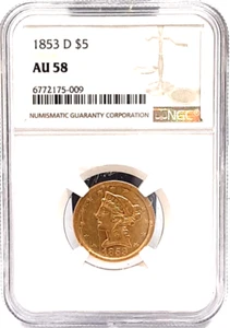 1853-D Liberty $5 Half Eagle Gold Coin NGC AU-58 Scarce Dahlonega Coin! - Picture 1 of 6