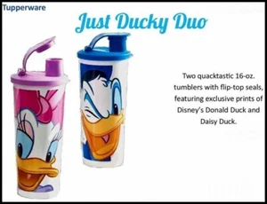 TUPPERWARE DISNEY DUCKY DUO 2 16-oz TUMBLERS w/ FLIP POUR DRINK SPOUT LIDS NEW - Picture 1 of 9