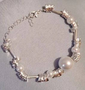 6in Bracelet Stainless Steel Silver Plating with White Round Stones - Picture 1 of 3