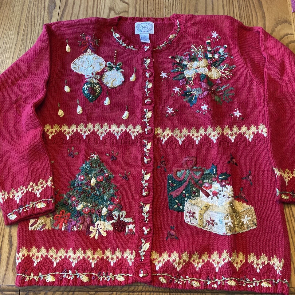 Suéter grande de vacaciones de Navidad Stitches in Time adornos grandes regalos árbol Foto 1 de 4