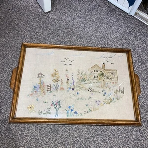 Antique Wooden Glass Top Tray With Embroidered Panel Insert 48cm X 33cm - Picture 1 of 8