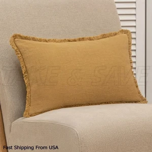 12x20 inch Cotton Linen Lumbar Throw Pillow Cover, Mustard Farmhouse Accent - Picture 1 of 4