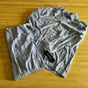 Conjunto de pantalón de pijama Lauren Ralph Lauren para mujer grande azul a rayas clásico monograma - Imagen 1 de 6