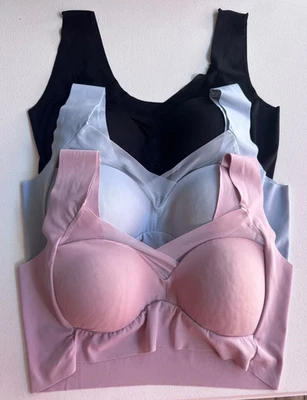 3 Comfort Bras Molded Cup Soft Wide Stripes Black Pink Blue Mesh Nylon Pull Over - Image 1 of 4