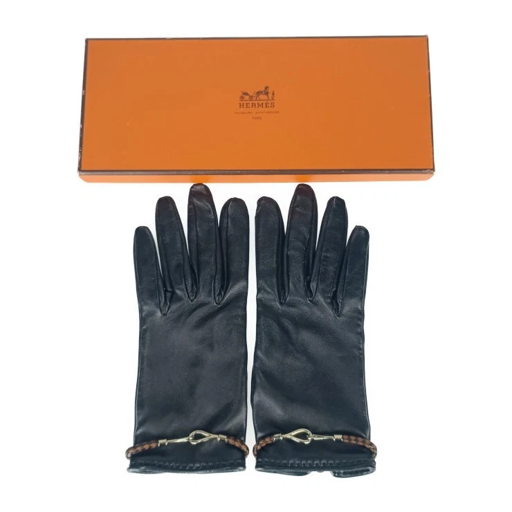Guantes HERMES Jumbo de cuero negro para mujer herrajes plateados excelente estado Foto 1 de 4