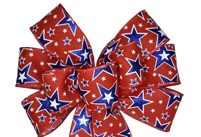 10" Hand Made Patriotic Wired Wreath Bow - Glitter Blue Stars Red Ribbon July 4 - Image 1 of 4