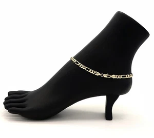 10" ITALIAN FIGARO LINK CHAIN ANKLET 5mm ANKLE BRACELET 14K GOLD PLATED - Picture 1 of 4