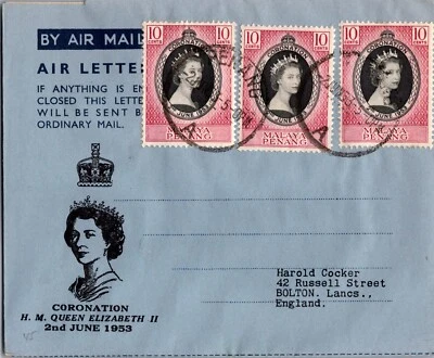 Malaya Penang Isabel II 1953 Coronación Air Carta Cubierta a Inglaterra Bolton Foto 1 de 2