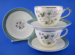Midwinter Mayfield 2 Cup Saucer Sets + Saucer Aqua Green Pink Flowers Vintage - Picture 1 of 2