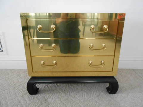 Vintage Brass Clad 3 Drawer Bachelors Chest Ming Base Hollywood Regency Cover