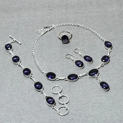 Faceted African Amethyst Oval Shape Gemstone Handmade Gift Necklace Jewelry Set - Image 1 of 4