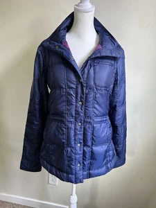 Athleta Goose Down Size S Blue Down Quilted Light Puffer Jacket Coat Snap EUC - Picture 1 of 15