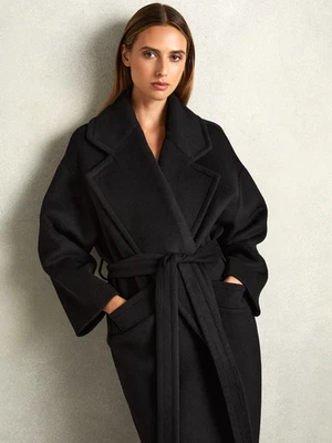 -$625 New Reiss Bridget Wool Blend Long Black Coat. Size US 14 / UK 18 - Image 1 of 4