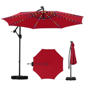 10 FT Solar Offset Hanging Umbrella w/ Base Patio Cantilever Umbrella Red - Picture 1 of 10