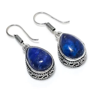 Lapis Lazuli Gemstone Handmade 925 Sterling Silver Jewelry Earrings Size 1.20" - Picture 1 of 1