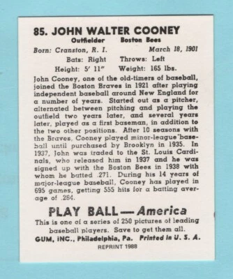 1939 Playball # 85 John Cooney  --  Boston Bees -- 742 - Image 1 of 2
